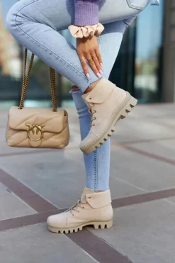 Outlet Damskie buty S.Barski Zamszowe Botki Trapery Wiązane Jasnobeżowe Dalles Beżowy