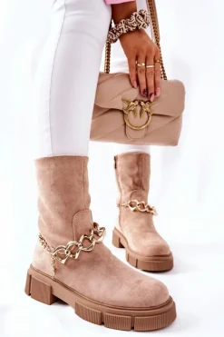 Damskie Boto Zamszowe Botki Workery Beżowe Hellio