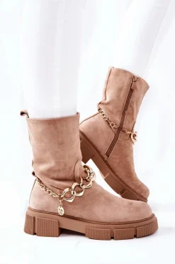 Damskie Boto Zamszowe Botki Workery Beżowe Hellio