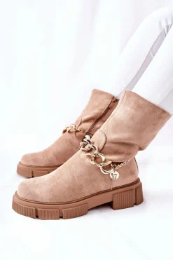 Damskie Boto Zamszowe Botki Workery Beżowe Hellio