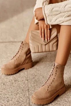 Damskie Boto Zamszowe Botki Workery Damskie Beżowe Dearia