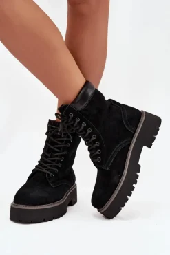 Hot Big Star Shoes Zamszowe Botki Workery Damskie Sznurowane Big Star SS274791 Czarne Czarny