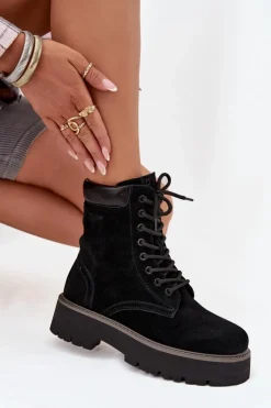 Hot Big Star Shoes Zamszowe Botki Workery Damskie Sznurowane Big Star SS274791 Czarne Czarny