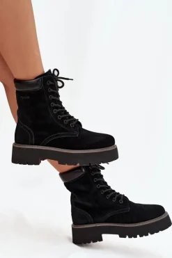 Hot Big Star Shoes Zamszowe Botki Workery Damskie Sznurowane Big Star SS274791 Czarne Czarny