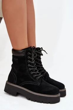 Hot Big Star Shoes Zamszowe Botki Workery Damskie Sznurowane Big Star SS274791 Czarne Czarny