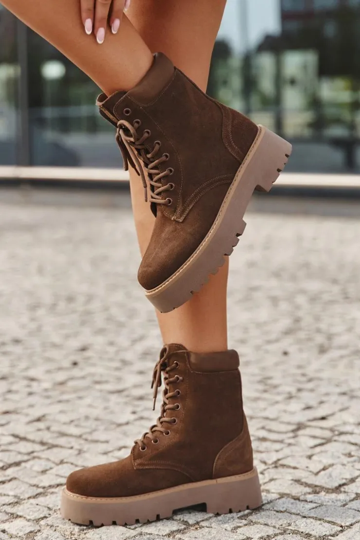 Big Star Shoes Botki Ocieplane|Damskie Trapery*Zamszowe Botki Workery Damskie Sznurowane Big Star SS274792 Brązowe Brązowy