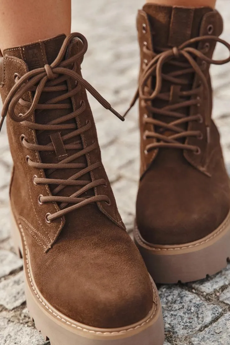 Big Star Shoes Botki Ocieplane|Damskie Trapery*Zamszowe Botki Workery Damskie Sznurowane Big Star SS274792 Brązowe Brązowy