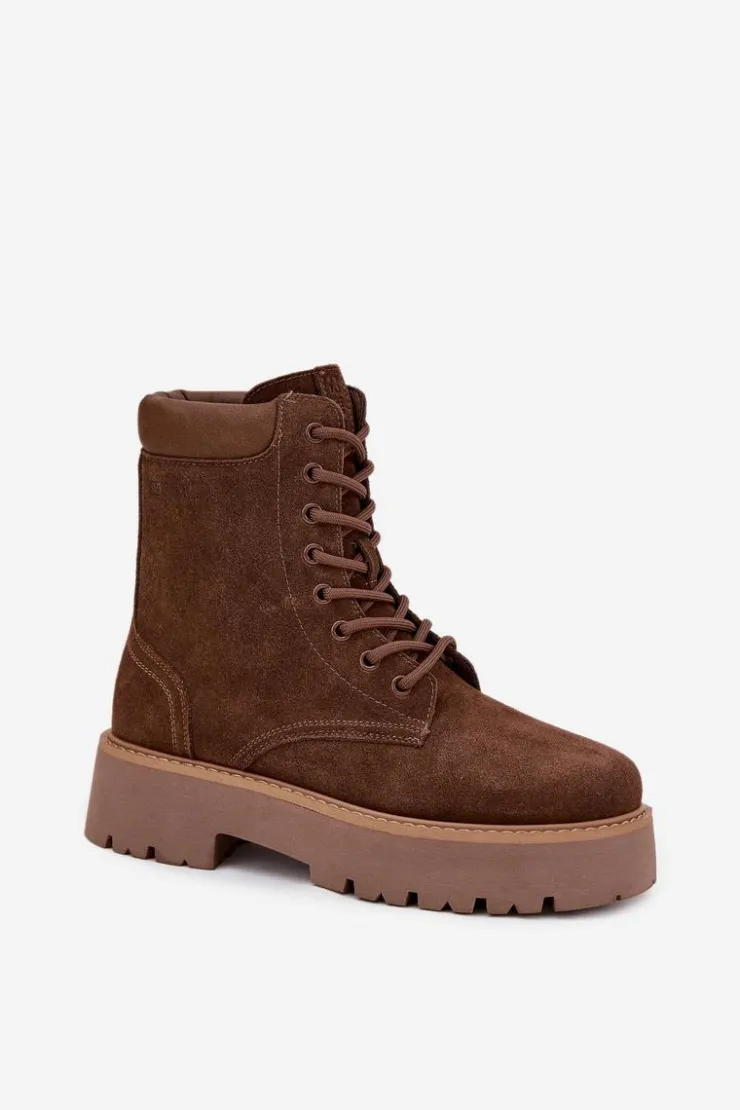 Big Star Shoes Botki Ocieplane|Damskie Trapery*Zamszowe Botki Workery Damskie Sznurowane Big Star SS274792 Brązowe Brązowy