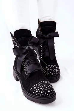 Damskie Boto Zamszowe Botki Workery Lewski Shoes Wiązane 3069 Czarne