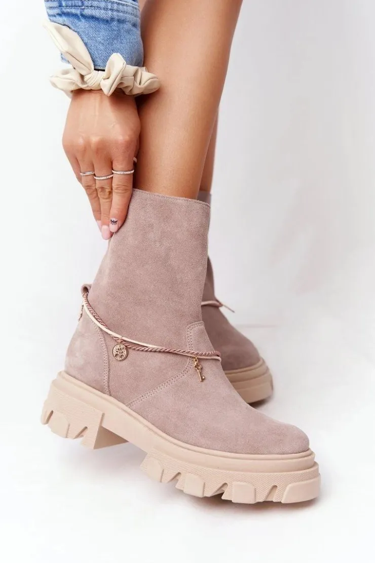 Boto Botki Wiosenne|Brązowe I Beżowe Botki*Zamszowe Botki Workery Lewski Shoes 3006-0 Beżowe