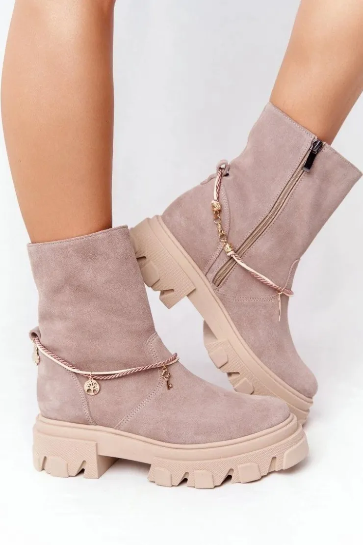 Boto Botki Wiosenne|Brązowe I Beżowe Botki*Zamszowe Botki Workery Lewski Shoes 3006-0 Beżowe