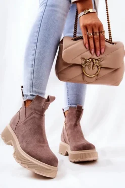 Damskie Boto Zamszowe Botki Workery Lewski 3104/P Cappucino