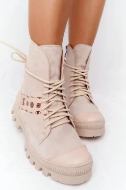 Boto Botki Wiosenne|Botki Sznurowane*Zamszowe Botki Workery Lewski Shoes 2942-0 Jasny Beż