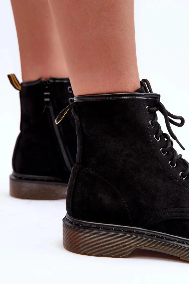 Damskie Boto Zamszowe Botki Workery Na Płaskim Obcasie Czarne Asteoris