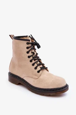 Damskie Boto Zamszowe Botki Workery Na Płaskim Obcasie Beżowe Asteoris