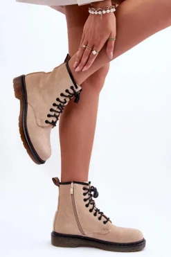 Damskie Boto Zamszowe Botki Workery Na Płaskim Obcasie Beżowe Asteoris