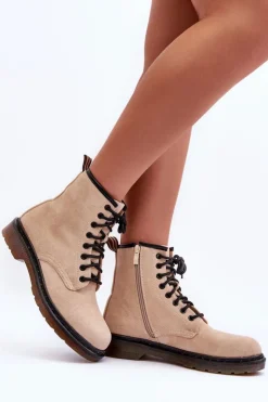 Damskie Boto Zamszowe Botki Workery Na Płaskim Obcasie Beżowe Asteoris