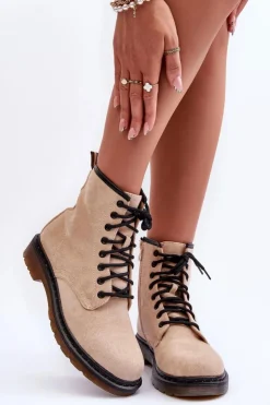 Damskie Boto Zamszowe Botki Workery Na Płaskim Obcasie Beżowe Asteoris