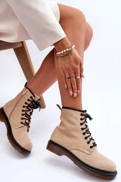 Damskie Boto Zamszowe Botki Workery Na Płaskim Obcasie Beżowe Asteoris