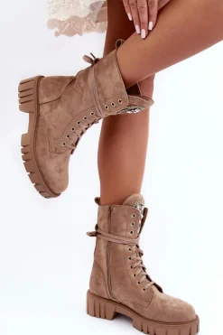 Damskie Boto Zamszowe Botki Workery Z Biżuteryjną Ozdobą Ciemnobeżowe Marx