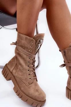 Damskie Boto Zamszowe Botki Workery Z Biżuteryjną Ozdobą Ciemnobeżowe Marx