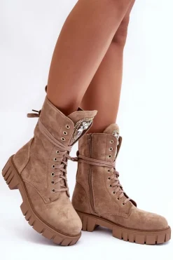 Damskie Boto Zamszowe Botki Workery Z Biżuteryjną Ozdobą Ciemnobeżowe Marx