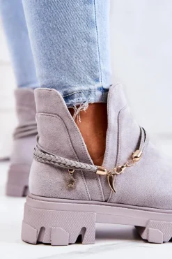 Damskie Boto Zamszowe Botki Workery Z Paskami Szare Moriah