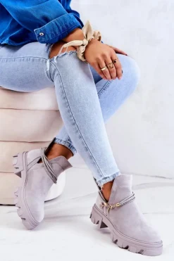 Damskie Boto Zamszowe Botki Workery Z Paskami Szare Moriah