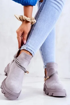 Damskie Boto Zamszowe Botki Workery Z Paskami Szare Moriah