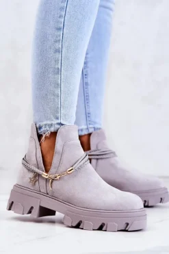 Damskie Boto Zamszowe Botki Workery Z Paskami Szare Moriah