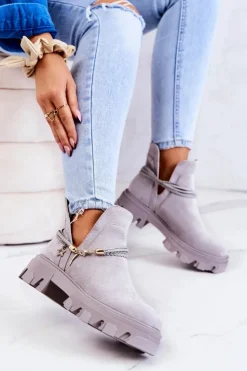 Damskie Boto Zamszowe Botki Workery Z Paskami Szare Moriah