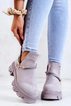 Damskie Boto Zamszowe Botki Workery Z Paskami Szare Moriah