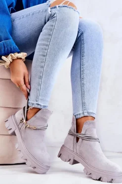 Damskie Boto Zamszowe Botki Workery Z Paskami Szare Moriah