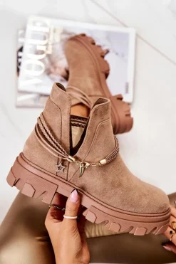 Damskie Boto Zamszowe Botki Workery Z Paskami Beżowe Moriah