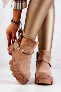 Damskie Boto Zamszowe Botki Workery Z Paskami Beżowe Moriah