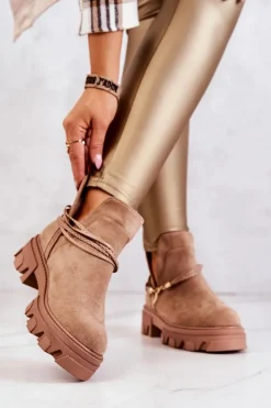 Damskie Boto Zamszowe Botki Workery Z Paskami Beżowe Moriah