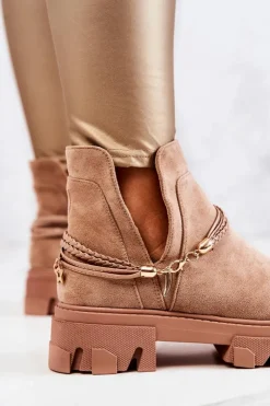 Damskie Boto Zamszowe Botki Workery Z Paskami Beżowe Moriah