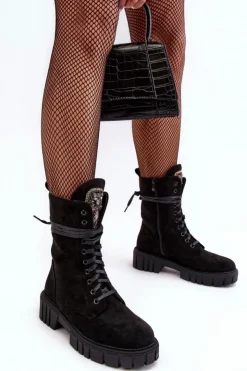 Best Boto Zamszowe Botki Workery Z Biżuteryjną Ozdobą Czarne Marx Czarny