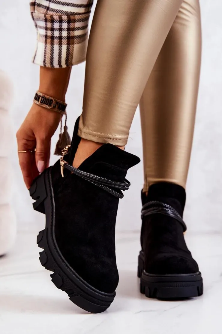 Damskie Boto Zamszowe Botki Workery Z Paskami Czarne Moriah