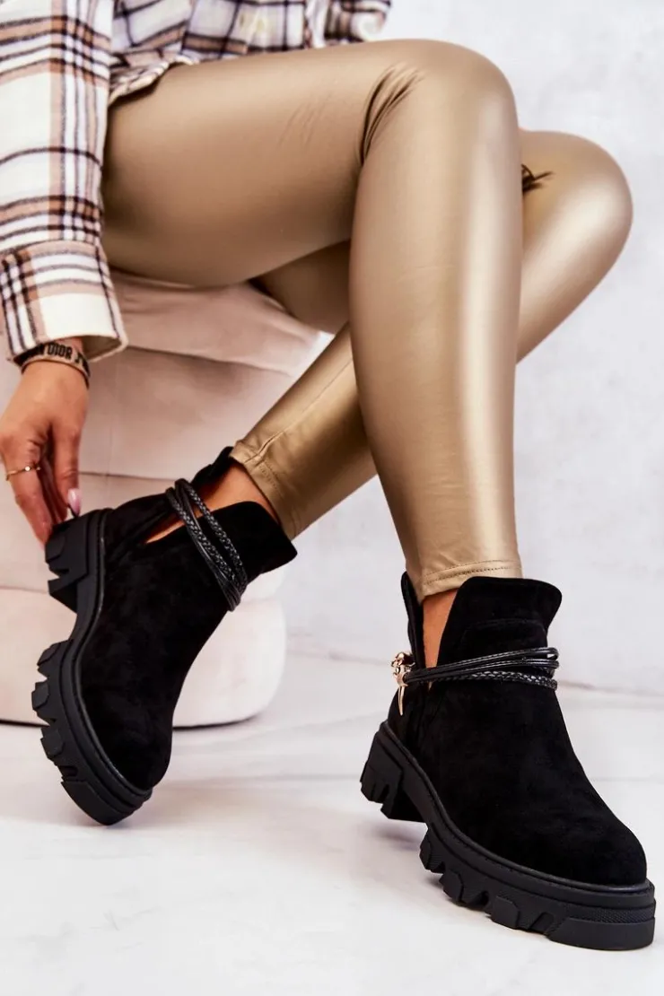 Damskie Boto Zamszowe Botki Workery Z Paskami Czarne Moriah