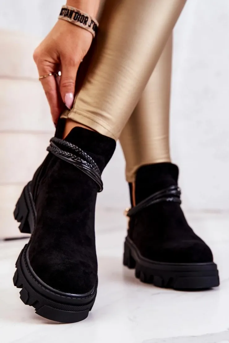 Damskie Boto Zamszowe Botki Workery Z Paskami Czarne Moriah