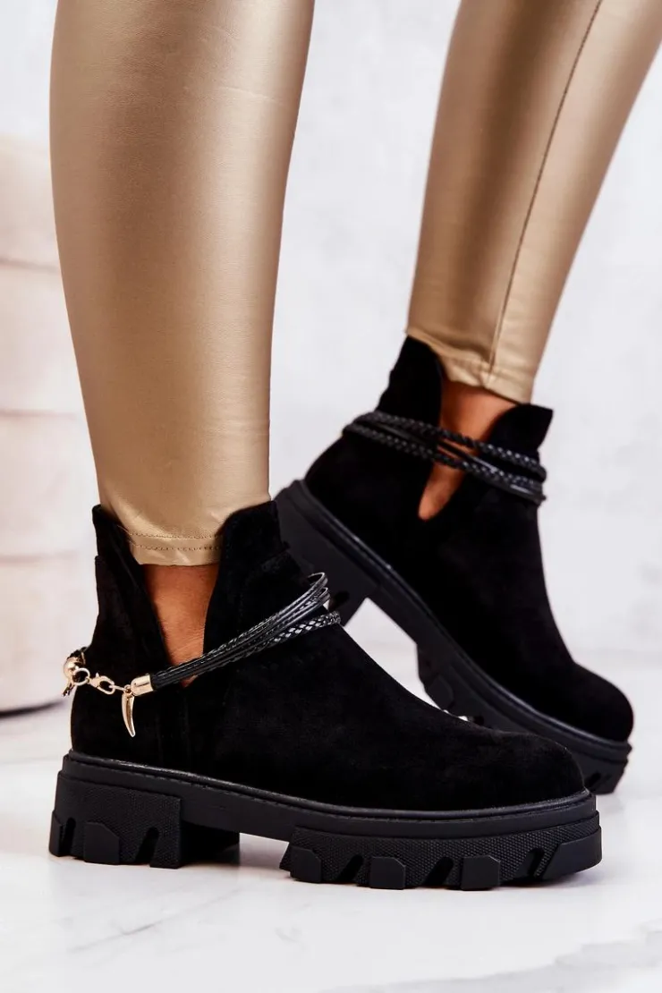 Damskie Boto Zamszowe Botki Workery Z Paskami Czarne Moriah