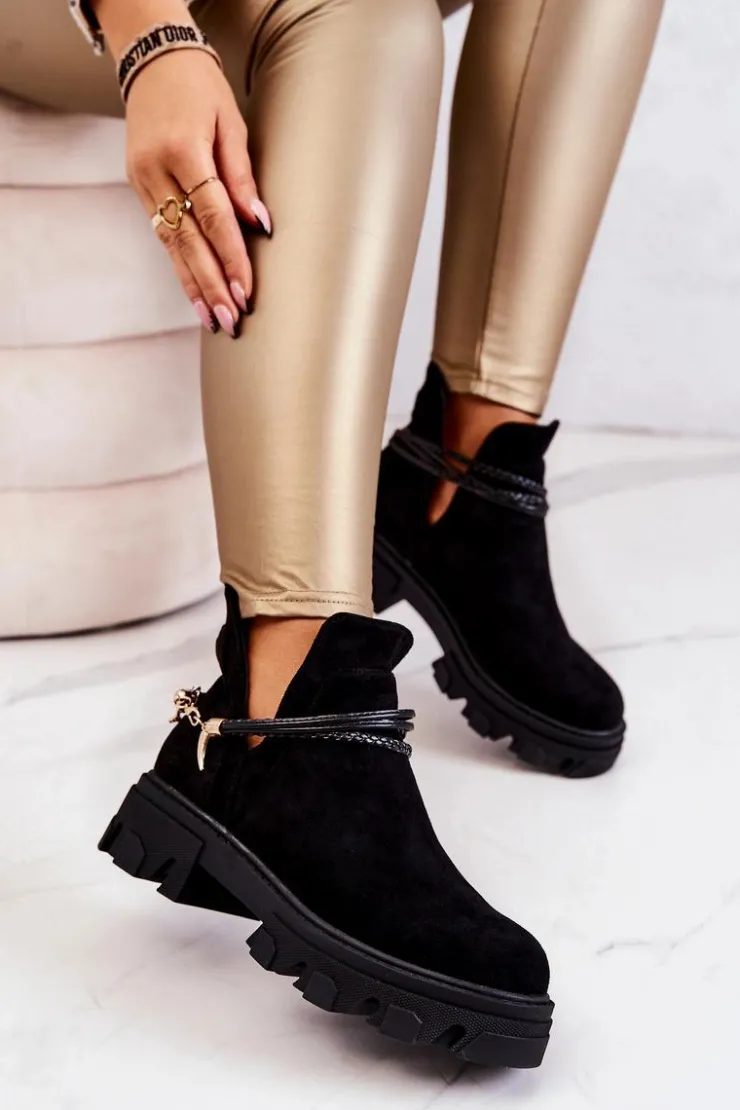 Damskie Boto Zamszowe Botki Workery Z Paskami Czarne Moriah