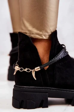 Damskie Boto Zamszowe Botki Workery Z Paskami Czarne Moriah