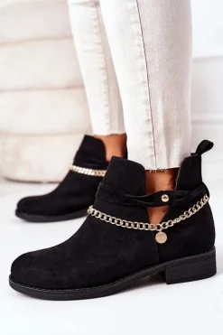 Boto Czarne Botki|Botki Zamszowe*Zamszowe Botki Z Łańcuszkiem Czarne Elvira