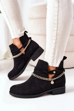 Boto Czarne Botki|Botki Zamszowe*Zamszowe Botki Z Łańcuszkiem Czarne Elvira