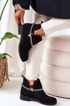 Boto Czarne Botki|Botki Zamszowe*Zamszowe Botki Z Łańcuszkiem Czarne Elvira