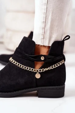 Boto Czarne Botki|Botki Zamszowe*Zamszowe Botki Z Łańcuszkiem Czarne Elvira
