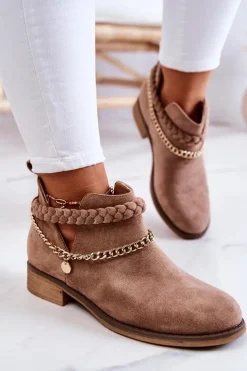 Damskie Boto Zamszowe Botki Z Łańcuszkiem Brązowe Talitha