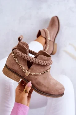 Damskie Boto Zamszowe Botki Z Łańcuszkiem Brązowe Talitha